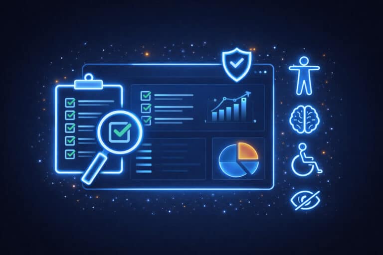 Illustration showing accessibility audit checklist and review dashboard